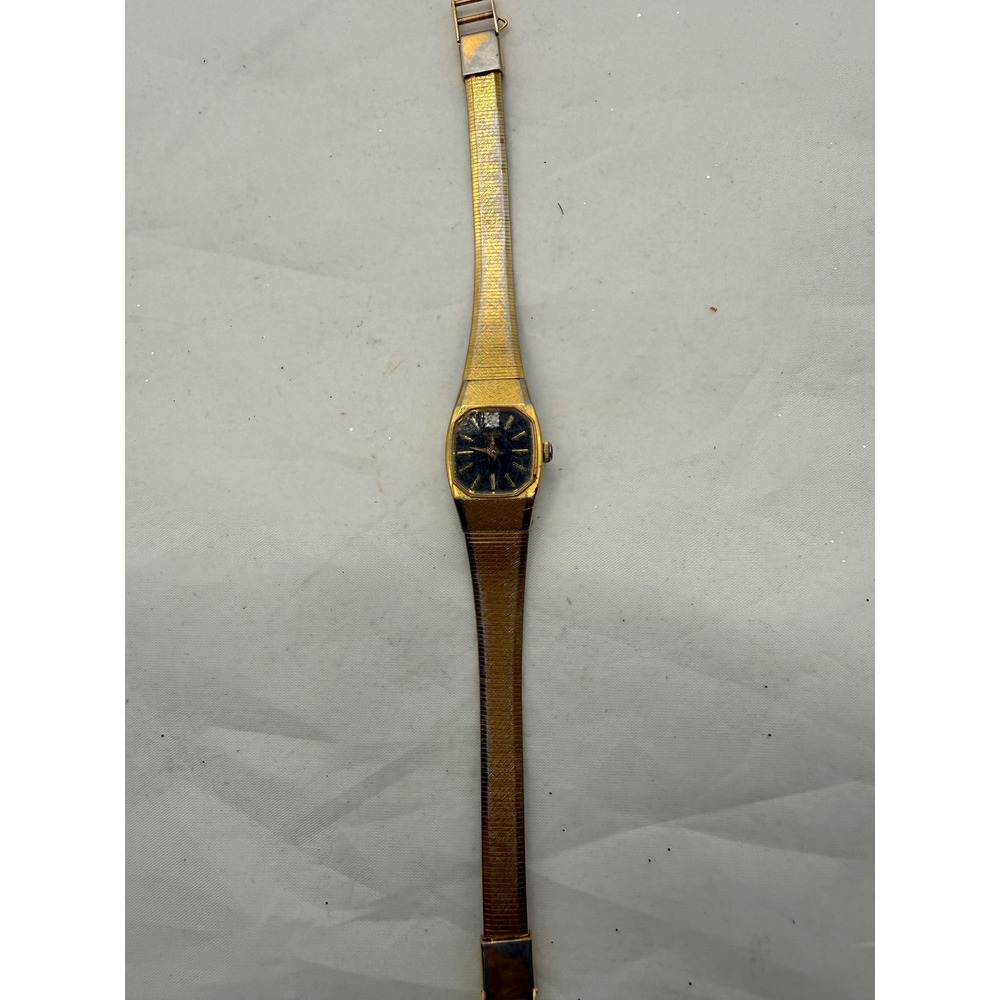 Bulova Quartz Gold Tone Octagon Black Dial Women's Watch glass broken 92J81